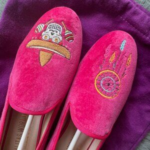 NWT Calita Shoes Hot Pink Velvet Smoking Slipper Loafer in Skull Mexican Design